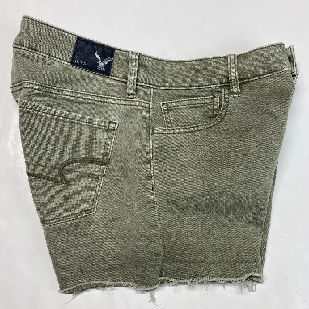 American Eagle Shorts Hi-Rise Shortie Sz 8 Super Super Stretch Green Denim Fray